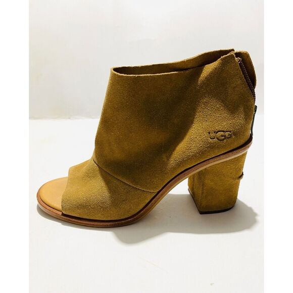 UGG leather shoes open peep toe boots Ginger brown booties Zip up women's 7 - Picture 4 of 11